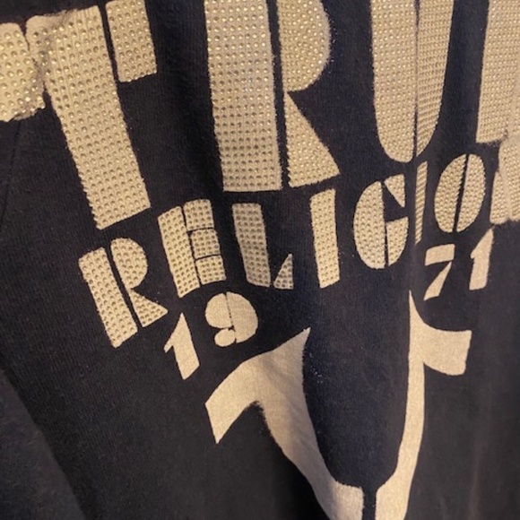 True Religion Y2K Branded Stencil Raglan Hoodie Navy Blue Bling Logo Size L - Picture 13 of 14